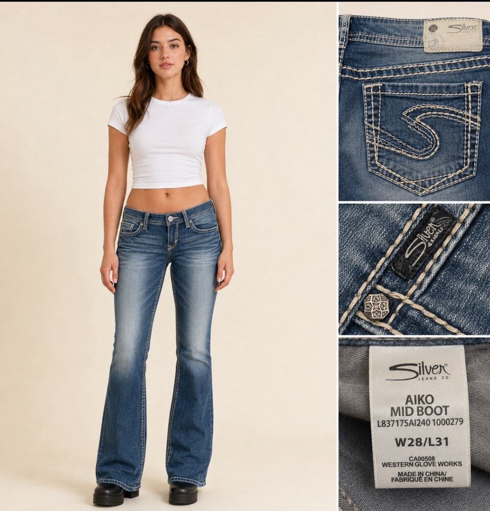 Y2K Indie Sleaze Silver Jeans Co. Aiko Mid Bootcut Jeans 28 Medium Wash Indigo